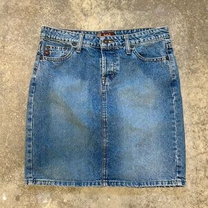 LEI Y2K vintage medium wash denim midi skirt
